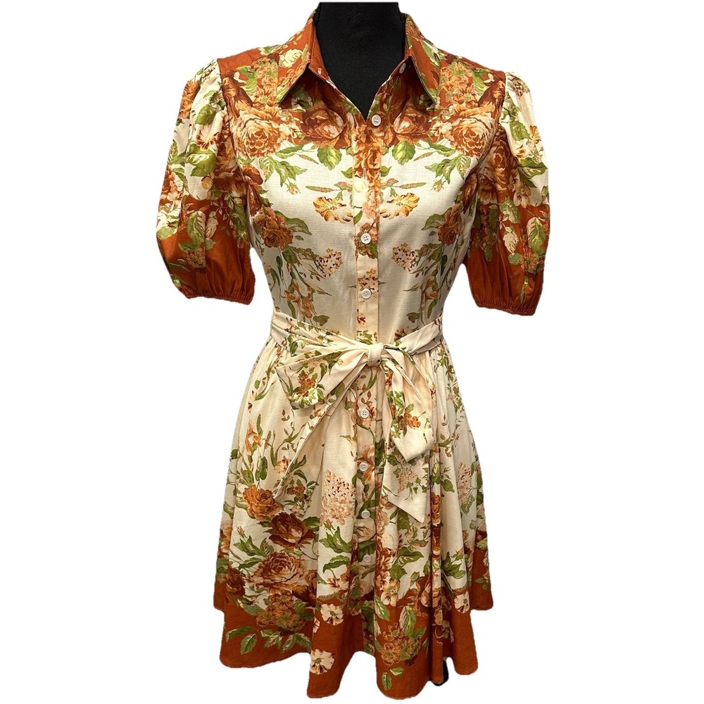 Flying Tomato Belted Dress Womens Small Orange Flower Print Puff Sleeve Buttons